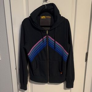 Aviator Nation Navy Mountain Stitch Chevron Hoodie with Blue & Purple Stripes